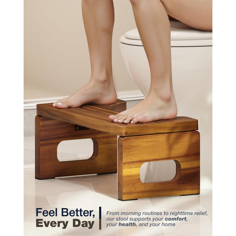 BLUEWEST Foldable Toilet Stool, Acacia Wood Poop Stool for Potty