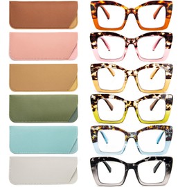 REAVEE 6 Pack Oversized Square Reading Glasses Oprah Style for Women, Blue Light Blocking Thick Large Frame Computer Designer Fashion Readers Spring Hinge with Leather Case,2.25