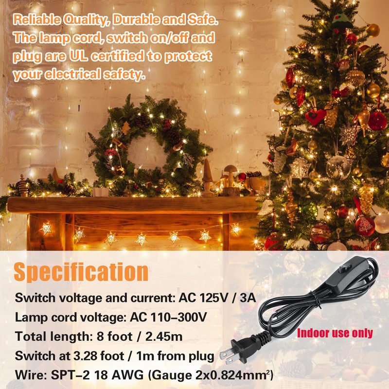 Asjeumt 8FT Lamp Cord with Switch Replacement Lamp Cord Switch
