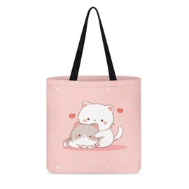 Upetstory Kawaii Cat Handbag Reusable Canvas Tote Bags Multi-purpose Shoulder Bag Kitchen Reusable Grocery Shopping Home Storage Organizer for Women Ladies Girls Beach Outdoor Picnic Travel