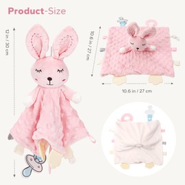 ZIGJOY Baby Comforter with Crinkle Foil and Bell Cuddle Blanket with Tags Taggy Blanket Taggie Gift for Newborn Baby Boys Girls, Pink Bunny