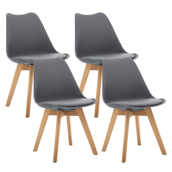 CangLong Mid Century Modern Side Chair with Wood Legs for Kitchen, Living Dining Room, Set of 4, Grey