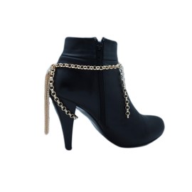 Women Western Fashion Jewelry Gold Metal Boot Chain Anklet Shoe Long Tassel Fringe Charm Strap Wrap Around (Gold)