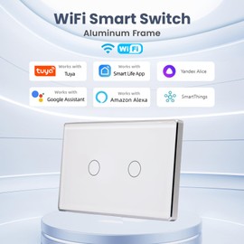 LOUYSGEN Smart Light Switch Aluminum Frame Need Neutral Wire No Hub Required,2.4GHz WiFi Switch 2.5D Tempered Glass Panel APP Control Timer Schedule Work with Tuya/Smart Life,Alexa,White 2 Gang