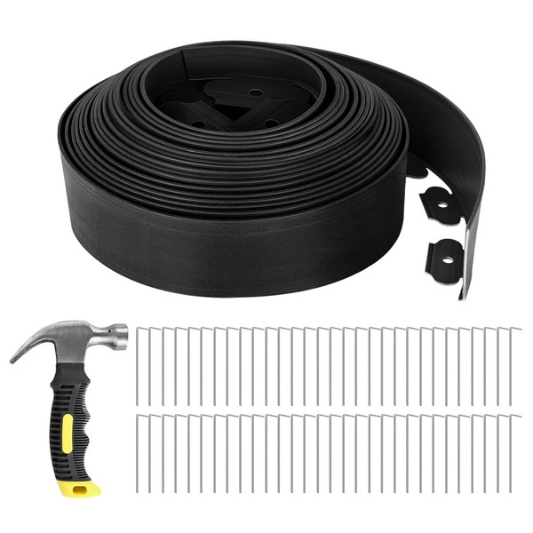 GROWNEER 4 in Tall, 66FT No-Dig Landscape Edging, Rubberific Landscape Edging Garden Edging Border with 60 Pcs Garden Staples, 1PC Hammer Edging for Landscaping Garden, Flower Beds, and Lawn (Black)
