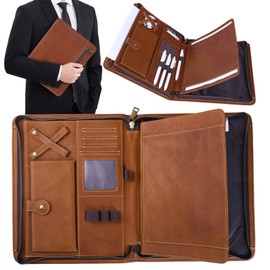 Genuine Leather Professioal Business Portfolio Padfolio Folder with Zipper, Conference Meeting Executive File Legal Document Organizer for Men and Women, Work Portfolio for Meeting and Travel, Brown