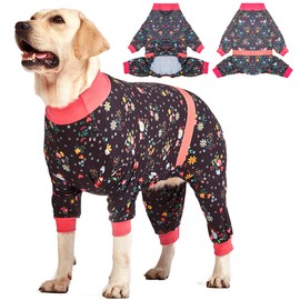 LovinPet Large/Big Dog Pajamas, Post Surgery Onesie for Large Breed Dogs, Reflective Stripe, Breatheable Stretch Jersey Knit, Nighttime Print Dog Jammies, Pet PJ's/XL