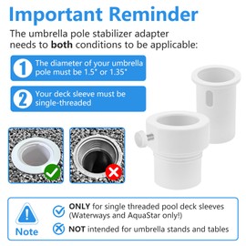 XCWT Pool Umbrella Pole Stabilizer Sleeve Adapter - Fit 1.5" & 1.35" Umbrellas Hole Holder Insert for Single-Threaded Baja Deck Pools Sleeves, Reducing Moving and Hold Umbrella in Place (White)