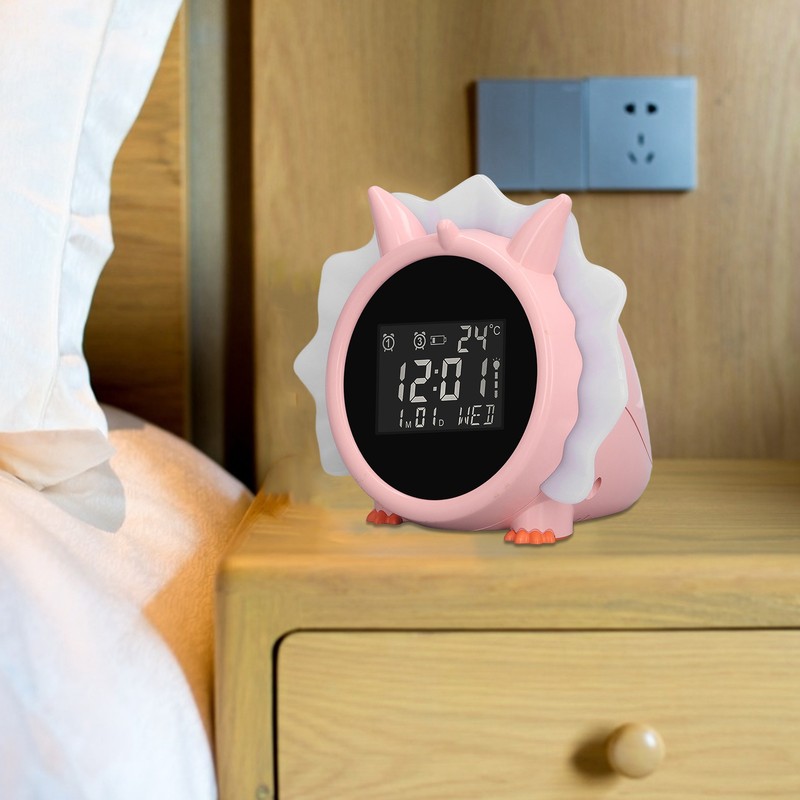 Alarm Clock Pink Dinosaur Shape Multifunctional Bedside LED Electronic Alarm
