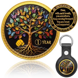 ForFine Sobriety Coin AA Coin Medallion Token Tree of Life Recovery Sobriety gifts for Men Women with Coin Holder Keychain, Serenity Prayer Card, Storage Box (1 Year)