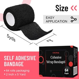 EXTRAPINS 64 Pack Black Athletic Tape,2 Inch x 5 Yard Self Adherent Cohesive Wrap Bandages,Self Adhesive Bandage Wrap,Cleaner Packaged