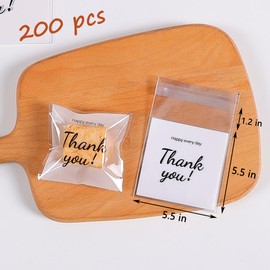 200 Stück selbstklebende Keksbeutel, 15 x 15 cm, Dankeschön, bedruckte Leckerli-Tüten, Kekse, Bäckereien, Dekoration, Geschenktüten, DIY Kunststoff, individuelle Keksbeutel