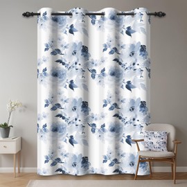 ggaimwf 117x183cm Flower Eyelet Curtain Navy Blue Watercolor Painting Flora Thermal Insulated Blackout Grommet Window Drapes for Living Room Bedroom Kitchen,1-Single Panel