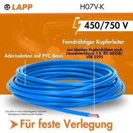 5 m Lapp 4520026 H07V-K 16.0 mm² Blue I Wiring Cable I Flexible Flexible PVC Single Core I Stranded 16 mm2 I Wiring