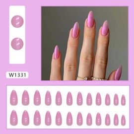Aurora Purple Press on Nails Long Almond Fake Nails Glossy Solid Color False Nails with Glue on Nails Reusable Full Cover Artificial Nails Acrylic Stick on Nails for Women Charm Manicure