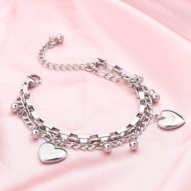 Heart Symbol Charm Bracelet for Women, Stainless Steel Layered Double Chain Bracelet with Heart Pendant Mother's Day Valentine's Day Gifts for Girls Ladies, Stainless Steel