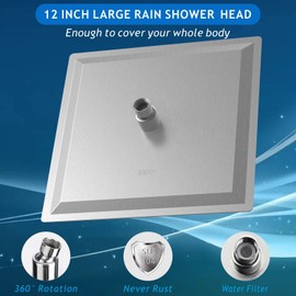 Voolan All Metal Shower Head with Extension Arm, Stainless Steel Waterfall Rainfall Showerheads, High Flow Bathroom Square Rain Shower Head (12’’ Shower Head with 16’’ Shower Arm, Brushed Nickel)