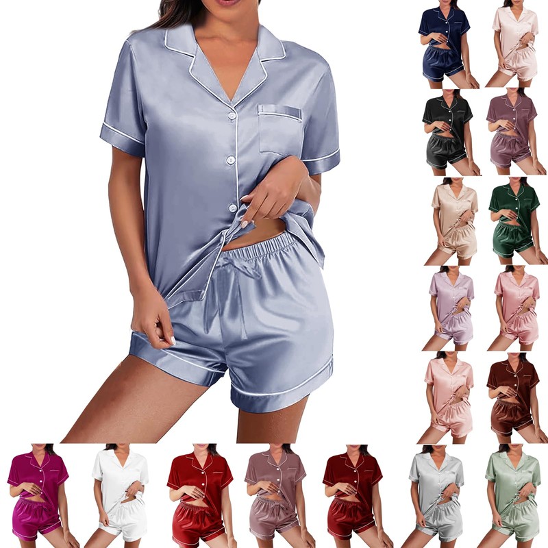WJing Yi Jia Womens Silk Satin Pajamas Loungewear Two-Piece Sleepwear