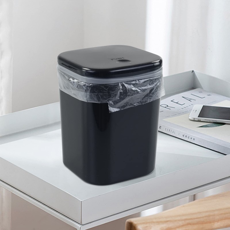 Yuright 2L Mini Desktop Trash Bin with Push-button Lid, Black