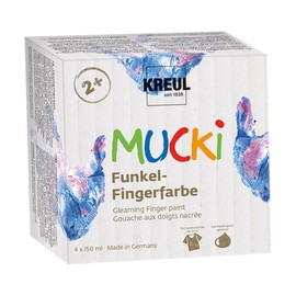 KREUL 2318, Mucki Fingerpaint Scintillante, 4 x 150 ml in rosa, blu, argento e oro, senza parabeni, glutine, lattosio e vegano, lavabile, applicabile con pennello, spugna e dita