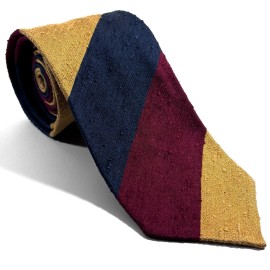 Potomac Tie Company Unlined Navy Blue / Gold / Burgundy Stripe Silk Shantung Tie (Handmade in Italy)
