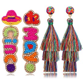 Boderier 2 Pairs Cinco De Mayo Earrings for Women Beaded Donkey Sombrero Fiesta Tassel Dangle Earrings Mexican Holiday Costumes Decorations Party Jewelry Gifts (Cinco De Mayo Tassels)