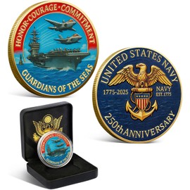 Navy 250th Anniversary Coin US 250th Commemorative Double-Sided Challenge Coin with Metal Gift Box Navy Challenge Coin for Veterans, Marines, Patriots 1.57" Display
