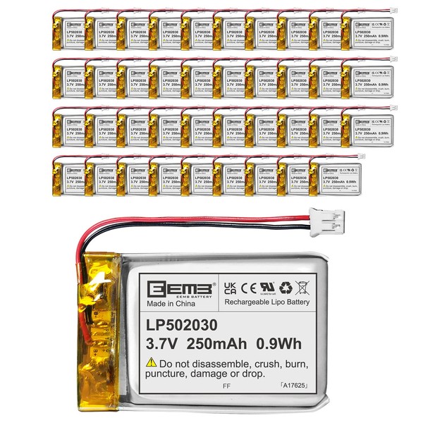 EEMB 40PACK Lithium Polymer Battery 3.7V 250mAh 502030 Lipo Rechargeable Battery Pack with Wire JST Connector for VXI Blue Parrott- Confirm Device & Connector Polarity Before Purchase