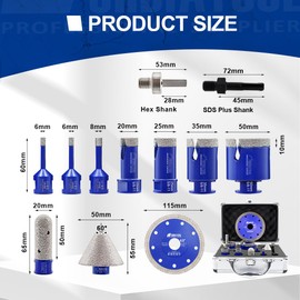 SHDIATOOL Diamond Tile Drill Bits Kit 12pcs, Porcelain Hole Saw Sets, Core Bits Cutter for Drilling Ceramic Marble Granite (6/6/8/20/25/35/50/20MM/2/SDS/HEX/4.5“)