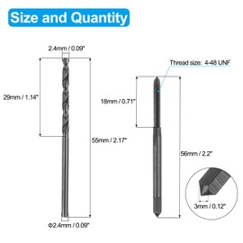 uxcell Tap and Drill Bit Set, 1pcs 4-48 UNF Straight Flute Thread Screw Tap & 1pcs 2.4mm Twist Drill Bit, Black Oxide HSS-6542 Tapping Threading Tool Kit