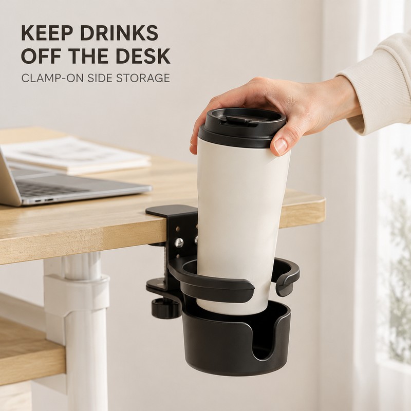 360° Rotating Clamp-On Desk Cup Holder with Adjustable Table Mount