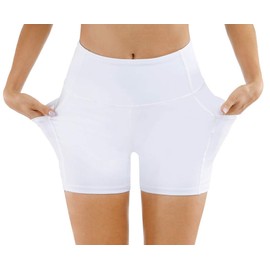 THE GYM PEOPLE - Pantalones Cortos de Yoga de Cintura Alta para Mujer, Control de Abdomen, Fitness, Atletismo, Pantalones Cortos para Correr con Bolsillos Profundos, Blanco, X-Small