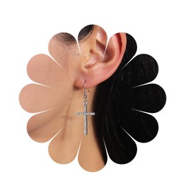 Inilbran Boho Crystal Cross Earrings Silver Rhinestone Cross Drop Earrings Vintage Cross Religious Earring Sparkly Cz Cross Hook Earrings for Women and Girls