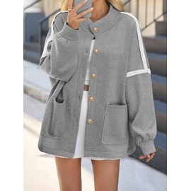 Yousify Womens Button Down Jackets Casual Stand Collar Lantern Sleeve Cardigan Trendy Fall Sweatshirts Outerwear Light Grey