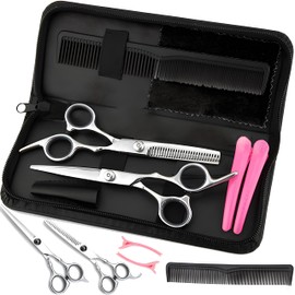 Retoo Silver Set 6 Inch Sharp Stainless Steel Hair Cutting Scissors with Comb, Hairdressing Clips, Leather Bag, 2 Pieces - Thinning Scissors and Thinning Scissors, Perfect Hair Cutting Kit for Children Women and Men