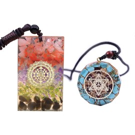 KETLIXS Orgonite Merkaba Metatron Cube Blue Necklace and Orgone Sri Yantra Rectangle Chakra Pendant (Set of 2, 1 Buy, 1 Receive), Agate
