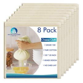 New England Stories 8 PCS Reusable Cheesecloth, Grade 100, 20x20 Inch Hemmed Cheese Cloth for Straining Craft, 100% Cotton Unbleached Cloth Strainer for Cooking, Baking, Juicing, Cheese Making (4050 Threads)
