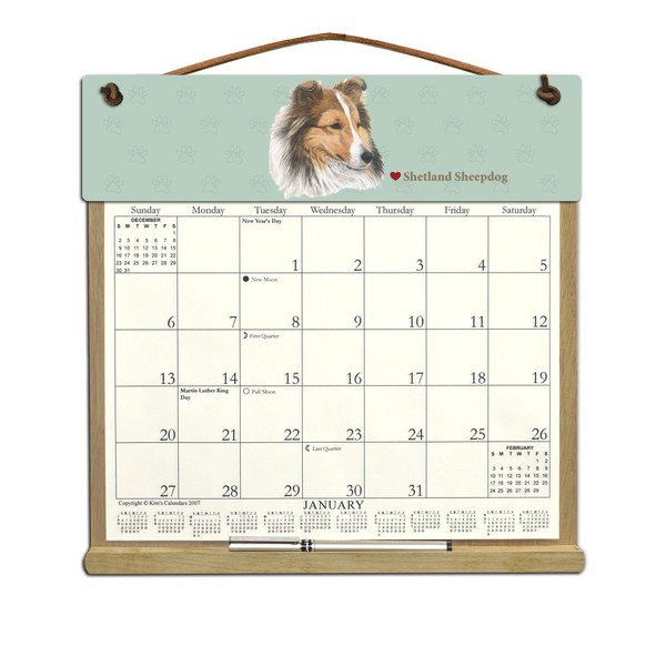 Wooden Refillable Sheltie Calendar Holder filled with a 2025 calendar
