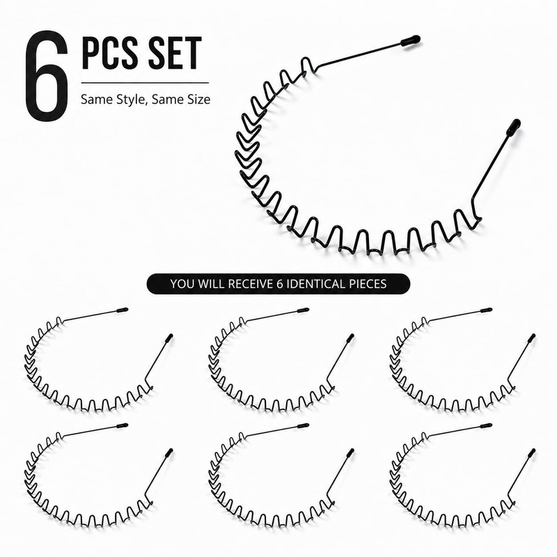 6 Pcs Zigzag Headbands, Black Wavy Metal Hair Bands with