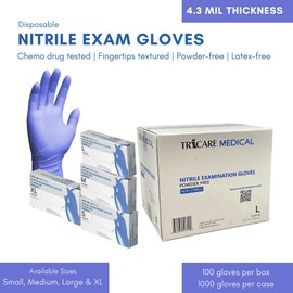 TRICARE MEDICAL Disposable Nitrile Exam Gloves, Latex-free, Powder-free, 4.3 Mil, Deep Blue, Case of 1000, Large