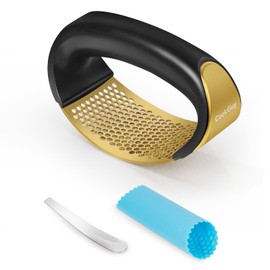 Cook Guy 304 Stainless Steel Garlic Press Rocker Set - Premium Garlic Mincer, Crusher, Peeler, and Scraper Tool for Effortless Mincing - Comfortable Grip Garlic Grinder (Gold-CA)