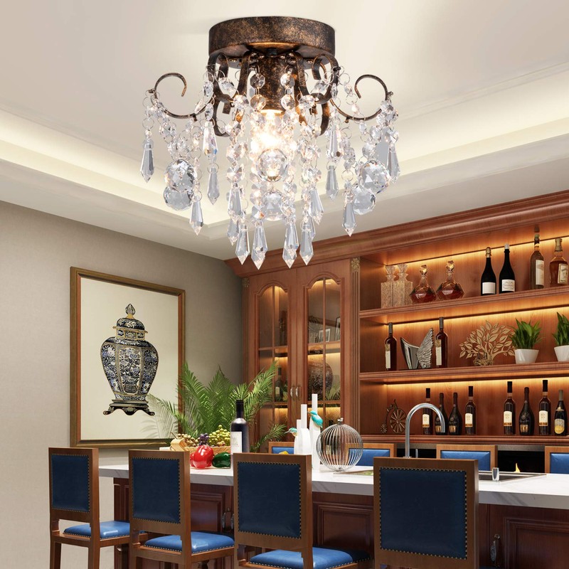 Q&S Small Crystal Ceiling Light Fixture Flush Mount,Black Ceiling Lights