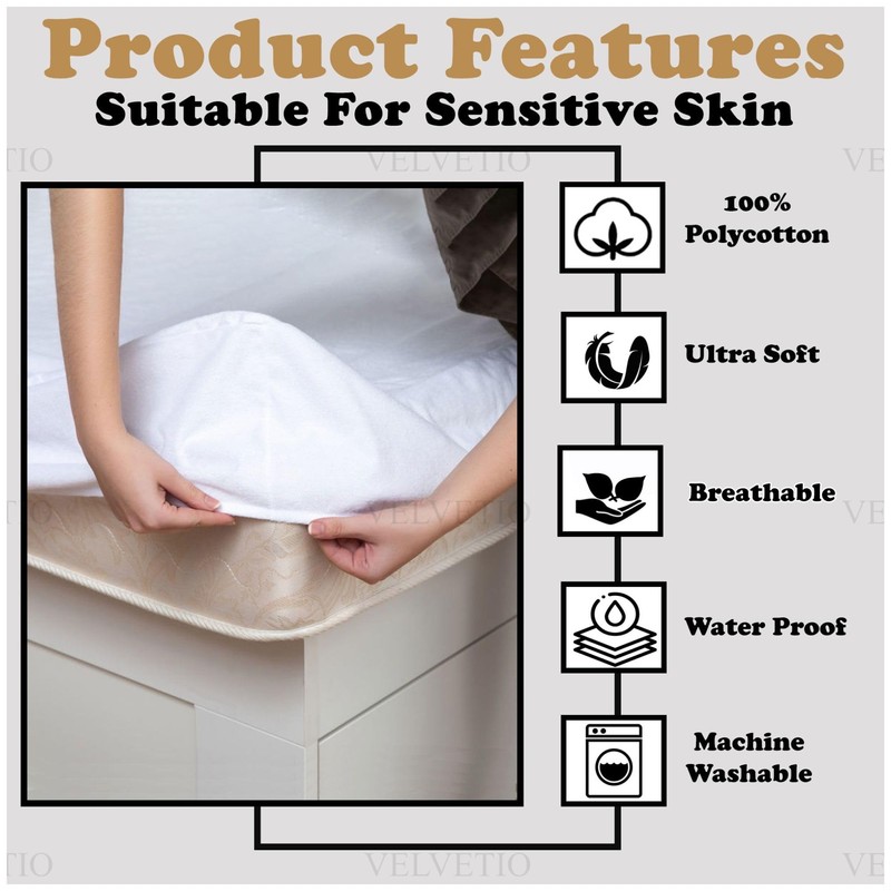 VELVETIO Waterproof Terry Towelling Mattress Protector, Soft Polycotton Non Allergic