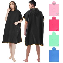 Surf Poncho Bata Cambiador con Capucha，Toalla cambiador absorbente de microfibra de secado rápido con bolsillo para surfistas hombres mujeres (negro)