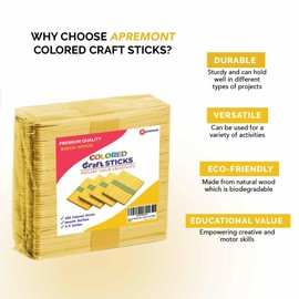 Apremont 200 pcs Assorted Colored Wooden Craft Sticks, Popsicle Stick, Arts and Crafts, Best for DIY Games Making, Building Designs or Kids Education, 4.5 inch Long (4.5 Inches, Yellow)