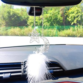 Iron Star and Moon Car Hanging Ornament Rear View Mirror Accessories, Feather Charms Cute Car Accessories for Women, Car Mirror Hanging Accessories Home/Car Decor