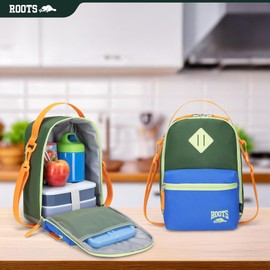 Roots Insulated Lunch Bag – Made from Recycled Polyester, with Exterior ID Label, Adjustable Shoulder Strap & 2 Zippered Compartments – 7L, Khaki & Blue