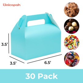 UnicoPak 30 Pack Teal Blue Gable Treat Boxes Turquoise Party Favor Goodie Bag Boxes for Candy Treats Snacks Cookie Toys for Birthday Party Special Events, 6.5x3.5x3.5 Inches