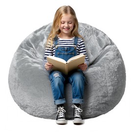 WLIVE Kids Bean Bag Chair, 2.5 Feet Faux Rabbit Fur Bean Bag, Floor Sofa with Memory Foam Filling, Bean Bag Chairs for Living Room Bedroom, Grey