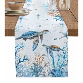 Ldtrchee Blue Sea Turtle Table Runner - Cotton Linen 48 Inches Long, Ocean Starfish Coral Coastal Tablerunner Dress Scarves, Summer Underwater Nautical Table Runners for Dining/Coffee/Holiday